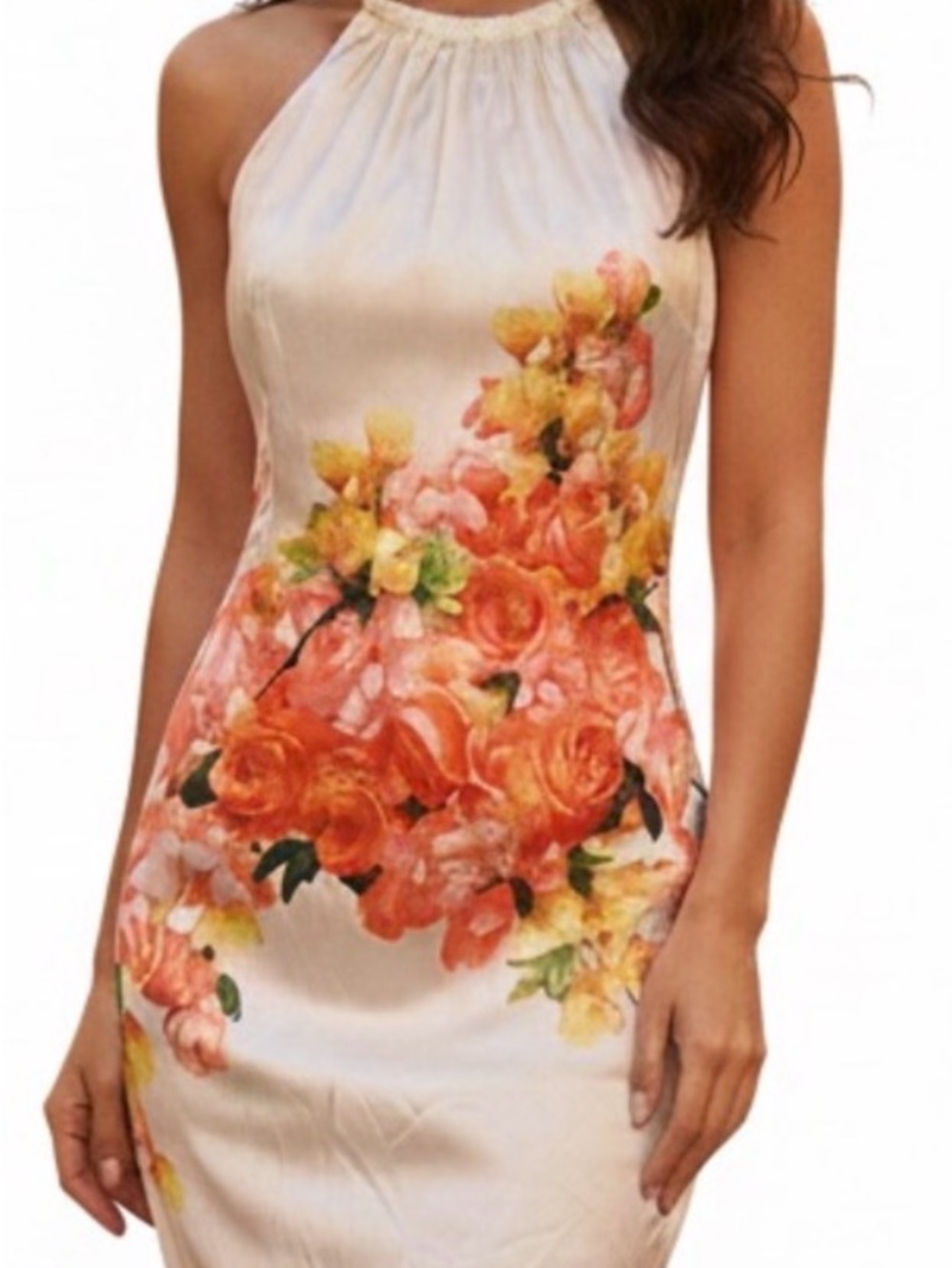 Cache Silk Floral Halter Dress Sleeveless Gold Metallic Choker Women’s Sz 8
